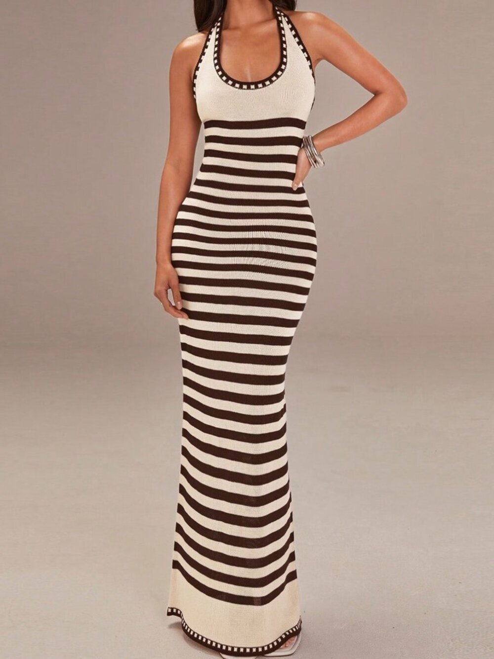 Coffee Brown Casual Striped Halter Knit Women's Vacation Dress